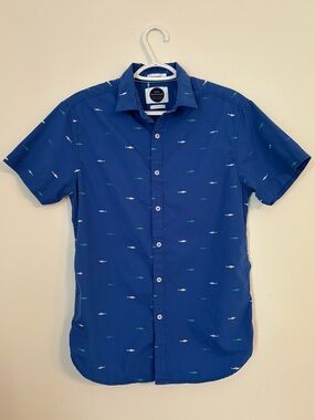 Blue Shark Print Short Sleeve Men's Collared Button Up Shirt